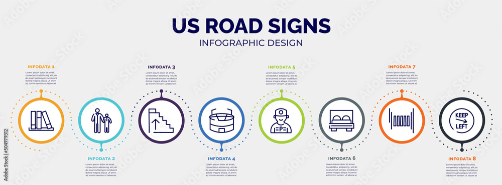 infographic for us road signs concept. vector infographic template with icons and 8 option or steps. included three books, father and child, ascending stairs, big stadium, parking worker, bed, zebra