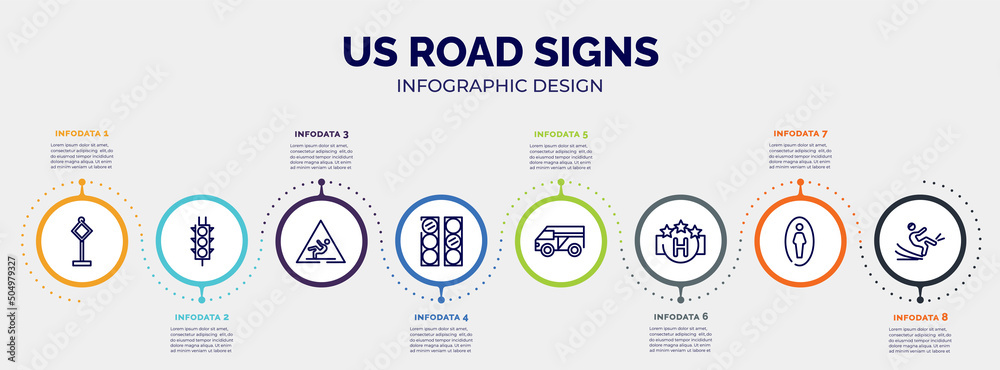 infographic for us road signs concept. vector infographic template with icons and 8 option or steps. included traffic, semaphore traffic lights, wet floot, semaphore lights, minivan taxi, square infographic for us road signs concept. vector infographic template with icons and 8 option or steps. included traffic, semaphore traffic lights, wet floot, semaphore lights, minivan taxi, square