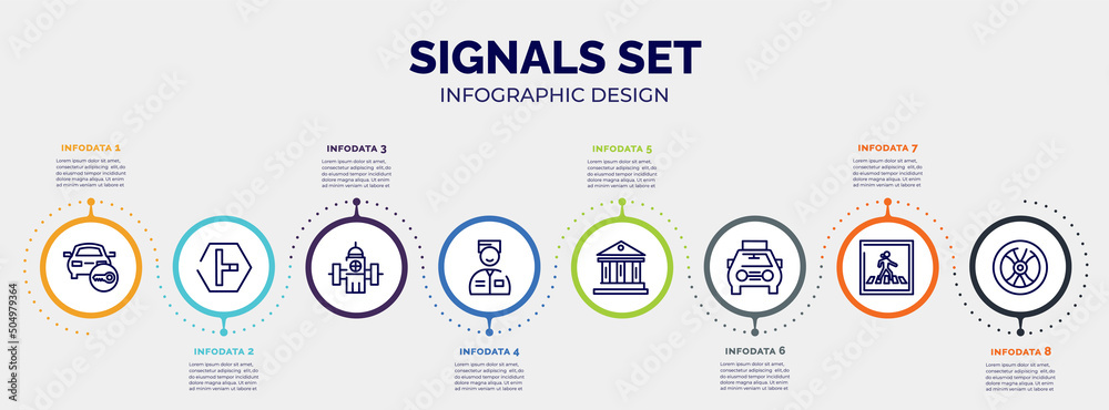 infographic for signals set concept. vector infographic template with icons and 8 option or steps. included locked car, t junction, water bomb city supplier, valet, museum, solar taxi, pedestrian