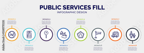 infographic for public services fill concept. vector infographic template with icons and 8 option or steps. included forbidden smoking, parking ticket, parking, slip, narrow road, plain flag,