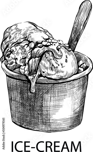 Vector hand-drawn ice cream in the . cup. Detailed retro style image, gelato. Vintage sketch element for labels, packaging and cards design. Modern background.