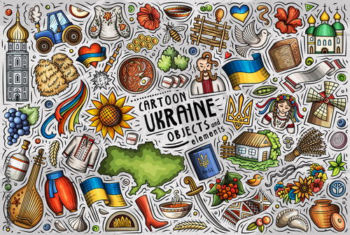 Doodle cartoon set of Ukraine objects and symbols