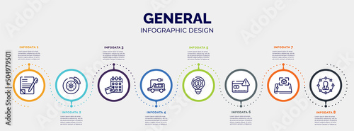 infographic for general concept. vector infographic template with icons and 8 option or steps. included copywriting, disk brake, annual fee, electro car, fintech innovation, credit risk, ar