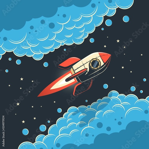 Retro rocket flies in space among swirling clouds. Vector illustration.