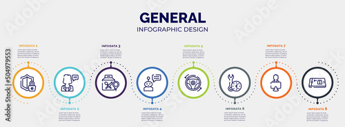 infographic for general concept. vector infographic template with icons and 8 option or steps. included e-privacy, hr manager, food delivery, chat bot, autopilot, build time, coworking, digital