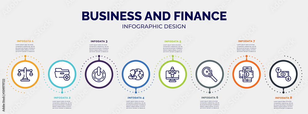 infographic for business and finance concept. vector infographic template with icons and 8 option or steps. included justice balance, folder with plus, power variant, user, rocket launch monitor, infographic for business and finance concept. vector infographic template with icons and 8 option or steps. included justice balance, folder with plus, power variant, user, rocket launch monitor,