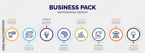infographic for business pack concept. vector infographic template with icons and 8 option or steps. included account balance, seo strategy, eco lightbulb, pie chart with piece, six gold bars, file