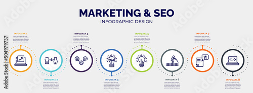 infographic for marketing & seo concept. vector infographic template with icons and 8 option or steps. included trending, weight loss, mass media, ecological lightbulb, lightbulb, water ski, wish,