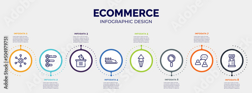 infographic for ecommerce concept. vector infographic template with icons and 8 option or steps. included project scheme, voting results, manual voting, bobsleigh, arrows up, magnifier tool, buzz,