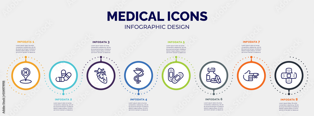 infographic for medical icons concept. vector infographic template with icons and 8 option or steps. included hospital placeholder, two color pill, heart organ, phary, sticking plaster, s, hurted infographic for medical icons concept. vector infographic template with icons and 8 option or steps. included hospital placeholder, two color pill, heart organ, phary, sticking plaster, s, hurted