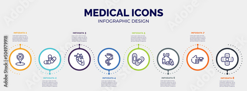 infographic for medical icons concept. vector infographic template with icons and 8 option or steps. included hospital placeholder, two color pill, heart organ, phary, sticking plaster, s, hurted