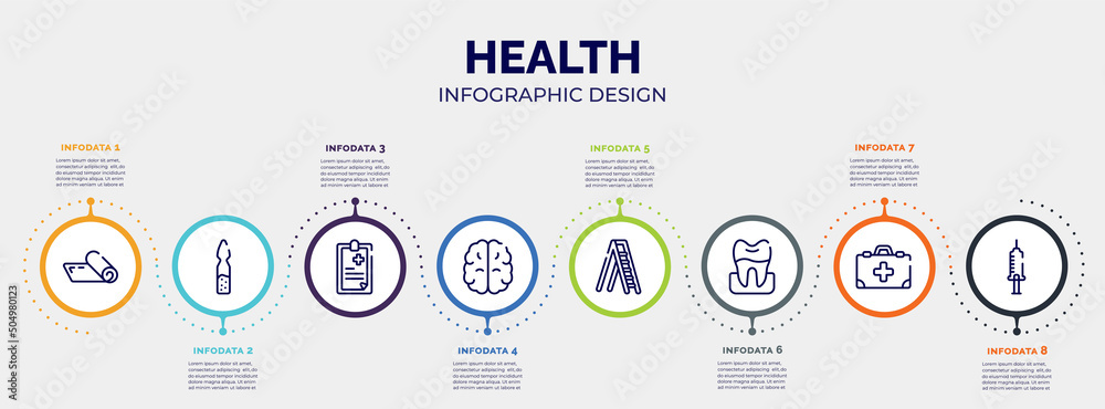 infographic for health concept. vector infographic template with icons and 8 option or steps. included yoga mat, ampoul, clinic history, brain upper view, mechanical ladder, premolar, medicine kit infographic for health concept. vector infographic template with icons and 8 option or steps. included yoga mat, ampoul, clinic history, brain upper view, mechanical ladder, premolar, medicine kit