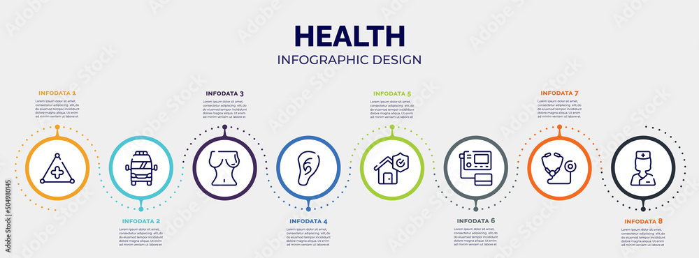 infographic for health concept. vector infographic template with icons and 8 option or steps. included warning triangular, frontal ambulance, breasts, ear lobe side view, disaster, blood pressure infographic for health concept. vector infographic template with icons and 8 option or steps. included warning triangular, frontal ambulance, breasts, ear lobe side view, disaster, blood pressure