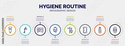 infographic for hygiene routine concept. vector infographic template with icons and 8 option or steps. included baby cream, medical clamp, sterilization, iv, drip, bedpan, body oil, sanitary napkin