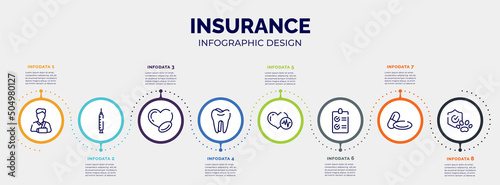 infographic for insurance concept. vector infographic template with icons and 8 option or steps. included broken arm, medical syringe, medicine for heart, molar, heart beats, checked list, 2 pills,