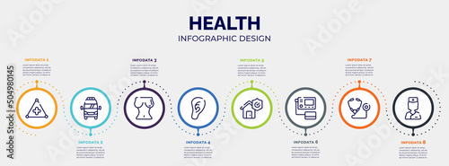 infographic for health concept. vector infographic template with icons and 8 option or steps. included warning triangular, frontal ambulance, breasts, ear lobe side view, disaster, blood pressure