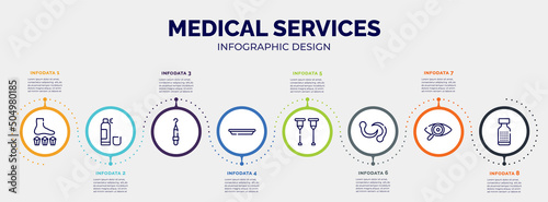 infographic for medical services concept. vector infographic template with icons and 8 option or steps. included mineral therapy, null, periodontal scaler, surgical tray, crutches, leech, eye exam,