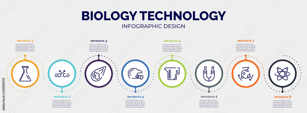 infographic for biology technology concept. vector infographic template with icons and 8 option or steps. included volumetric flask, collision, meteor, baseball helmet, measure cup, magnetism, infographic for biology technology concept. vector infographic template with icons and 8 option or steps. included volumetric flask, collision, meteor, baseball helmet, measure cup, magnetism,