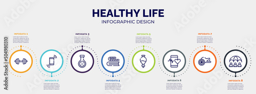 infographic for healthy life concept. vector infographic template with icons and 8 option or steps. included dumbell, shake, chemical reaction, bookworm, separating funnel, medical app, chariot,