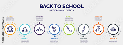 infographic for back to school concept. vector infographic template with icons and 8 option or steps. included magnetic field, philosophy, omega, cheerleader, spermatozoon, slash, pendulum,
