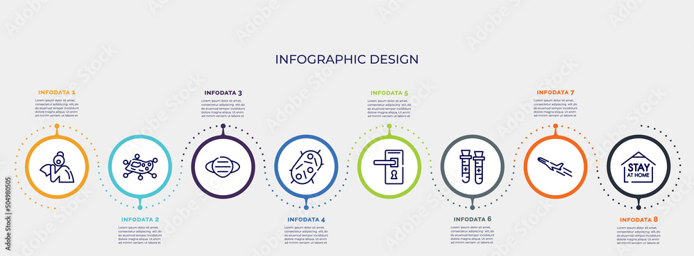 infographic for concept. vector infographic template with icons and 8 option or steps. included sneeze, infection, mask, bacteria, doorknob, blood sample, plane, stay home editable vector.