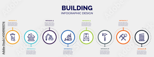 infographic for building concept. vector infographic template with icons and 8 option or steps. included dumpster, lodge, trucking, bulldozing, wet floor, battle axe, mine, rectangles editable