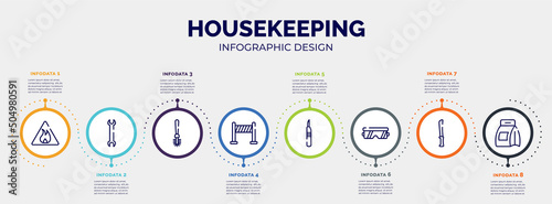 infographic for housekeeping concept. vector infographic template with icons and 8 option or steps. included inflamable, big double wrench, toilet brush, road panel, leather cutter, protection photo