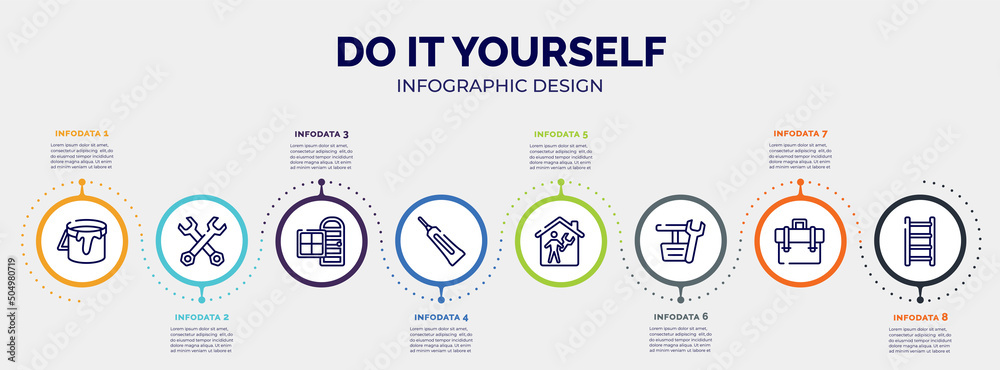 infographic for do it yourself concept. vector infographic template with icons and 8 option or steps. included open paint bucket, double wrench, door and window, caulk, repairman inside a home, infographic for do it yourself concept. vector infographic template with icons and 8 option or steps. included open paint bucket, double wrench, door and window, caulk, repairman inside a home,