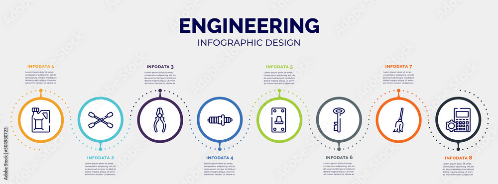 infographic for engineering concept. vector infographic template with icons and 8 option or steps. included gasoline, lug wrench, repair pliers, spark plug, switch on, antique key, cleaning mop,