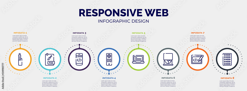 infographic for responsive web concept. vector infographic template with icons and 8 option or steps. included electronic cigarette, psd file, mobile programming, remote, laptop with text, cd drive,