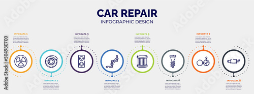 infographic for car repair concept. vector infographic template with icons and 8 option or steps. included radiation, brake disc, electric socket, junction, oil filter, garage screw, open compass,
