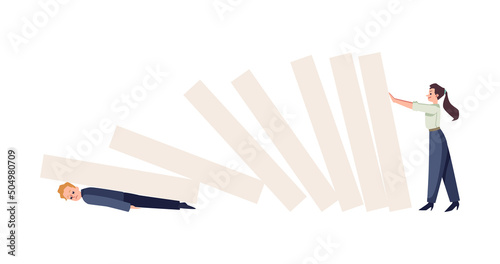 Office woman push dominoes flat style, vector illustration