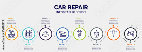 infographic for car repair concept. vector infographic template with icons and 8 option or steps. included wastes, fuse box, utensils, car door, screw, tester, hydraulic breaker, car painting