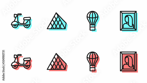 Set line Hot air balloon, Scooter, Louvre glass pyramid and Portrait picture in museum icon. Vector