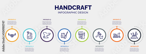 infographic for handcraft concept. vector infographic template with icons and 8 option or steps. included sawmill, engine oil, bidet, turquoise, electric meter, blacksmith, wood plane, needle holder