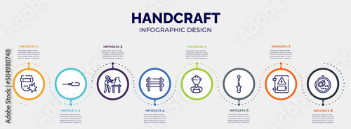 infographic for handcraft concept. vector infographic template with icons and 8 option or steps. included weld, autoloader, sculptor, barricade, construction worker, screwdrivers, electrical panel, photo