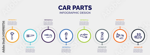 infographic for car parts concept. vector infographic template with icons and 8 option or steps. included sledgehammer, hacksaw, soldering, spanner, soldering iron, tassel, polisher, starter