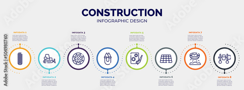 infographic for construction concept. vector infographic template with icons and 8 option or steps. included tiremarks, dozer, applique, handheld, decoupage, tiles, panning, cement mixer editable