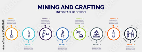 infographic for mining and crafting concept. vector infographic template with icons and 8 option or steps. included plunger, voltage indicator, spray paint gun, crimping pliers, furnace, kiln,