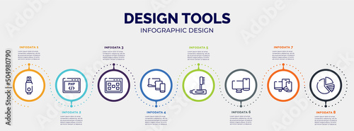infographic for design tools concept. vector infographic template with icons and 8 option or steps. included usb flash, php code, ux de, three devices connected, teeth cleaning, screens, tablet