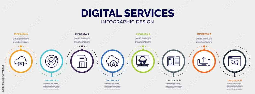 infographic for digital services concept. vector infographic template with icons and 8 option or steps. included storage media, 360 degrees, floppy, cloud user, hacking, nas, uploading, web payment infographic for digital services concept. vector infographic template with icons and 8 option or steps. included storage media, 360 degrees, floppy, cloud user, hacking, nas, uploading, web payment
