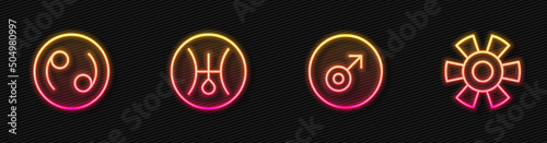 Set line Mars symbol, Cancer zodiac, Symbol Uranus and Sun. Glowing neon icon. Vector