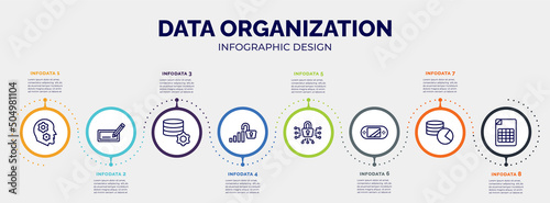 infographic for data organization concept. vector infographic template with icons and 8 option or steps. included thought, edit text, database management, open data, cyber security, handheld photo