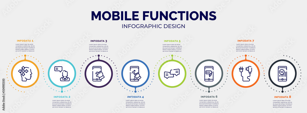 infographic for mobile functions concept. vector infographic template with icons and 8 option or steps. included introvert, testimonial, pinch, swipe right, chat bubbles, battery charge, phone infographic for mobile functions concept. vector infographic template with icons and 8 option or steps. included introvert, testimonial, pinch, swipe right, chat bubbles, battery charge, phone