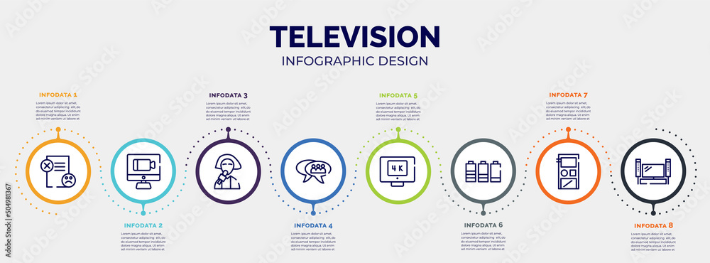 infographic for television concept. vector infographic template with icons and 8 option or steps. included dissatisfaction, videocall, reporter, group chat, 4k, battery level, audio recorder, home