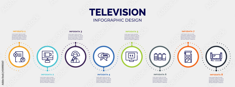 infographic for television concept. vector infographic template with icons and 8 option or steps. included dissatisfaction, videocall, reporter, group chat, 4k, battery level, audio recorder, home infographic for television concept. vector infographic template with icons and 8 option or steps. included dissatisfaction, videocall, reporter, group chat, 4k, battery level, audio recorder, home