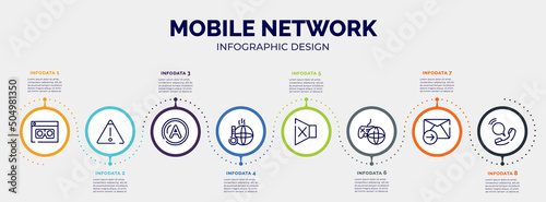 infographic for mobile network concept. vector infographic template with icons and 8 option or steps. included scammer, warning, letter a, warming, silence, online game, send mail, voip editable