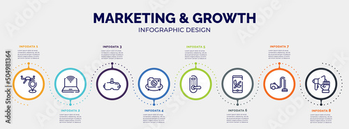 infographic for marketing & growth concept. vector infographic template with icons and 8 option or steps. included street map, survival kit, virtual reality glasses, rotate camera, door lock, missed