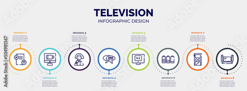 infographic for television concept. vector infographic template with icons and 8 option or steps. included dissatisfaction, videocall, reporter, group chat, 4k, battery level, audio recorder, home