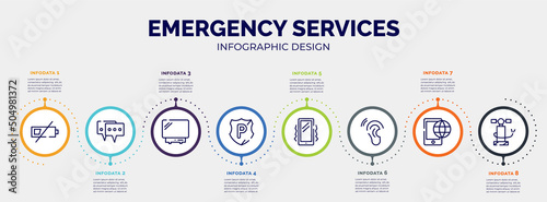 infographic for emergency services concept. vector infographic template with icons and 8 option or steps. included low battery, online chat, , police shield, vibration, hear, roaming, air pump